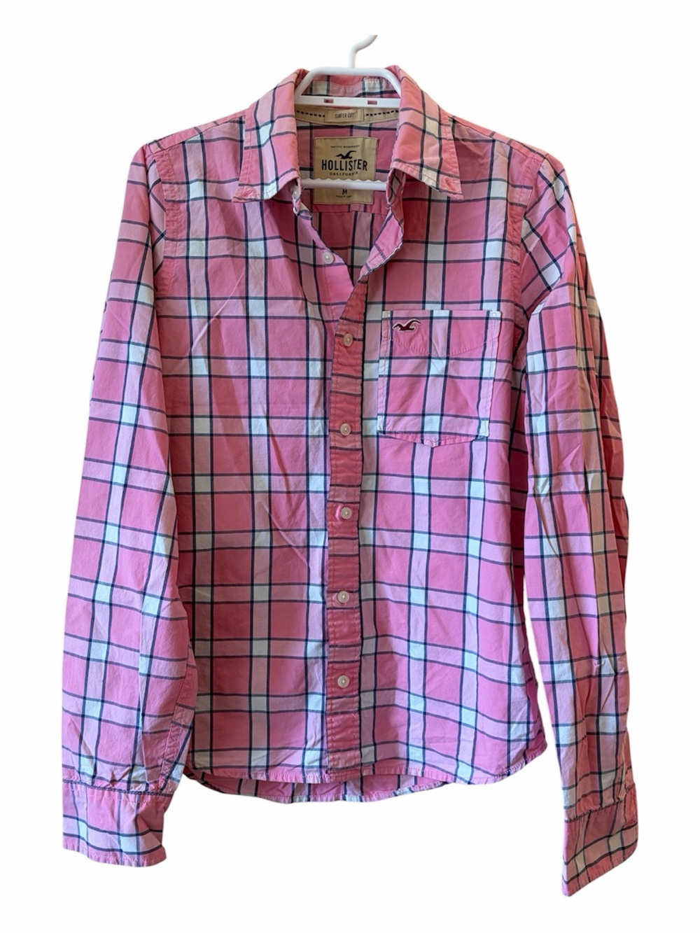 Hollister Surfer Pink Plaid Button Up Shirt Long Sleeve Cotton Casual Coastal